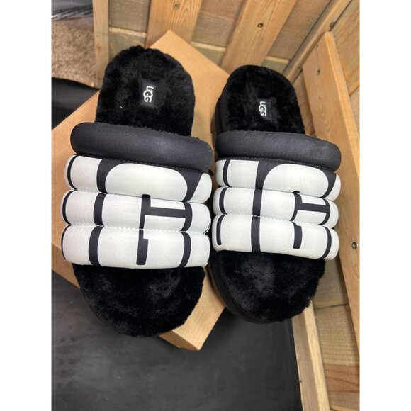 Ugg Womens Maxi Slide Logo Sandals Black & White Fur Lined Size 8 - Picture 5 of 8